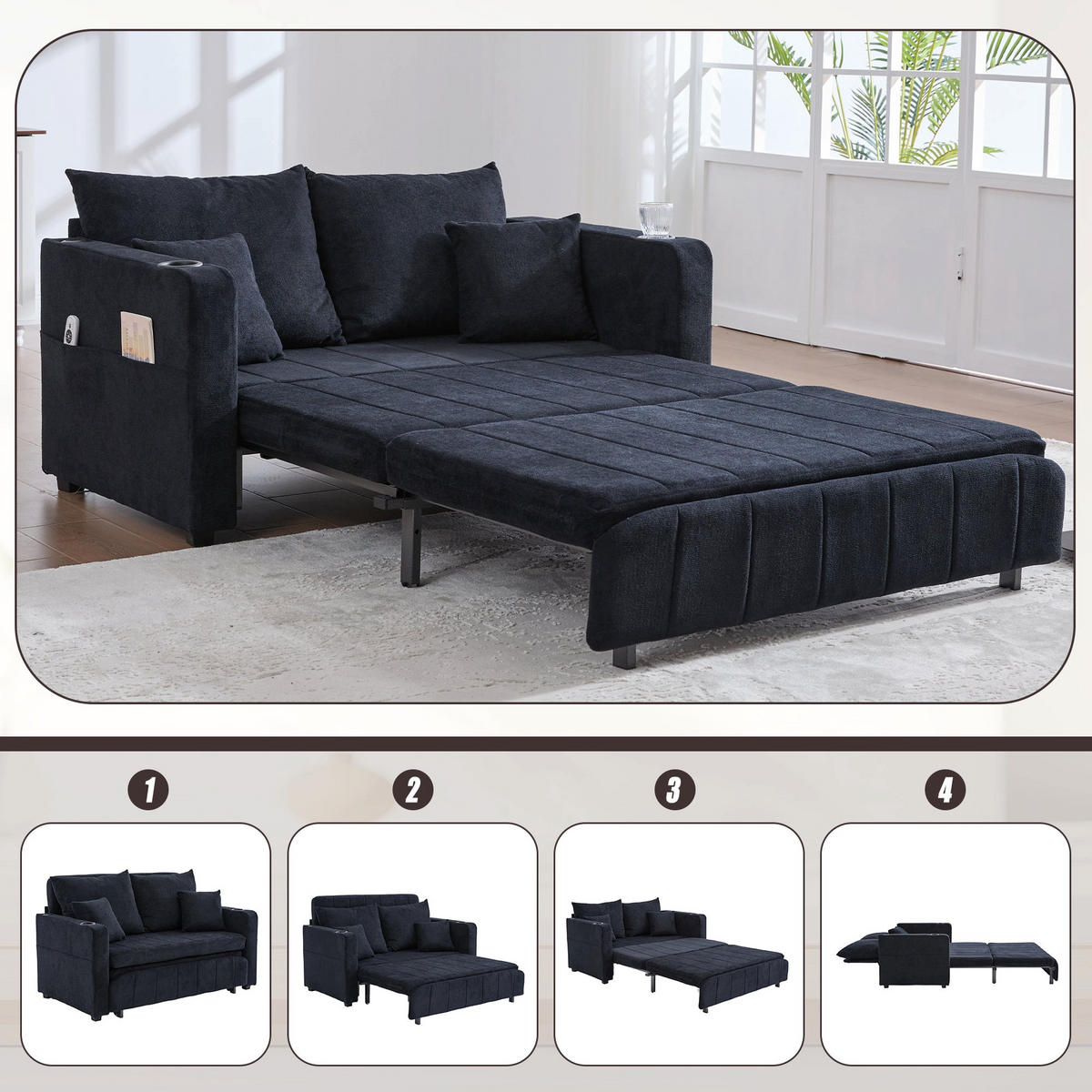 SCHLAFSOFA aus chenille mit bettfunktion, usb-anschluss & becherhaltern - Schwarz, Textil (139/83/73cm) - Urban Meuble