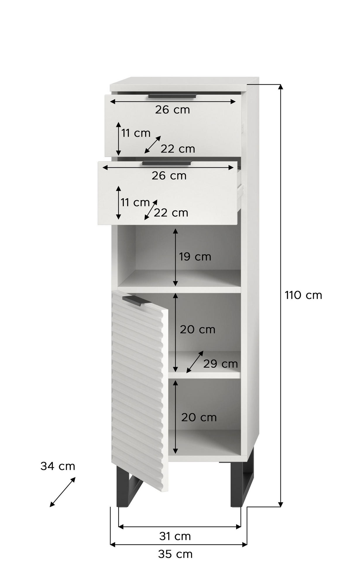 STANDSCHRANK RIFF (B/H/T: ca. 35/110/34 cm) in Weiß/weiß - Weiß, Holzwerkstoff (35/110/34cm)