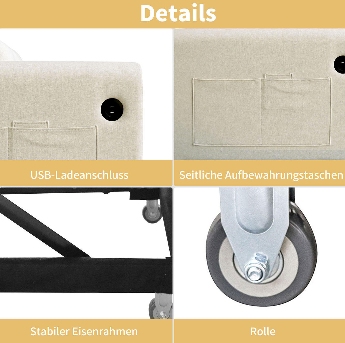 SCHLAFSOFA aus Baumwoll-Leinen 142x85x83 cm Beige mit USB, Armlehnentaschen und verstellbarer Rückenlehne - Beige, Textil (142/83/85cm) - Modfu