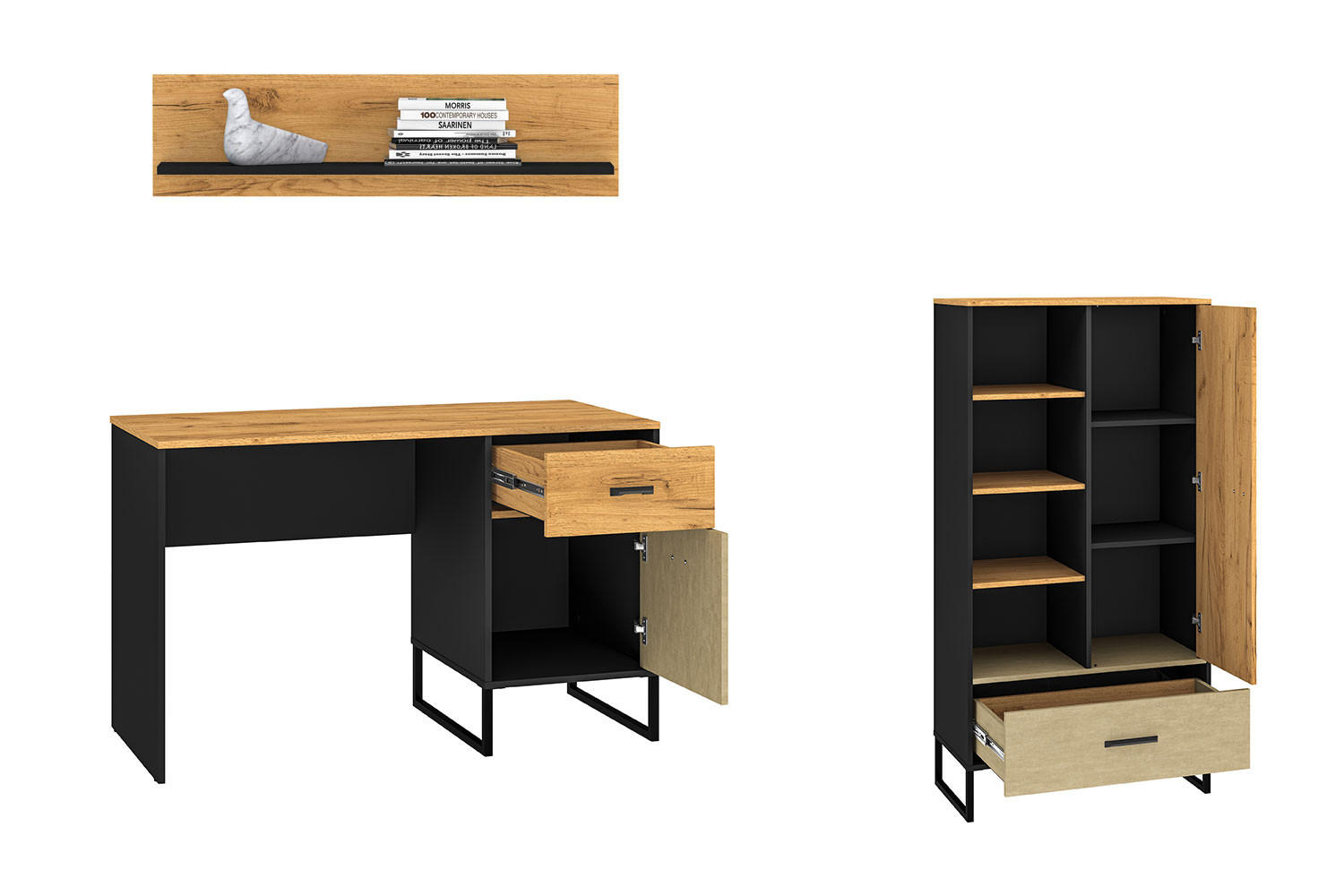 JUGENDZIMMER-SET Colt schwarz / Craft Gold Eiche / Premium Steel 3-teilig - Eichefarben/Braun, Holz/Holzwerkstoff (200/156/55cm) - Feldmann-Wohnen