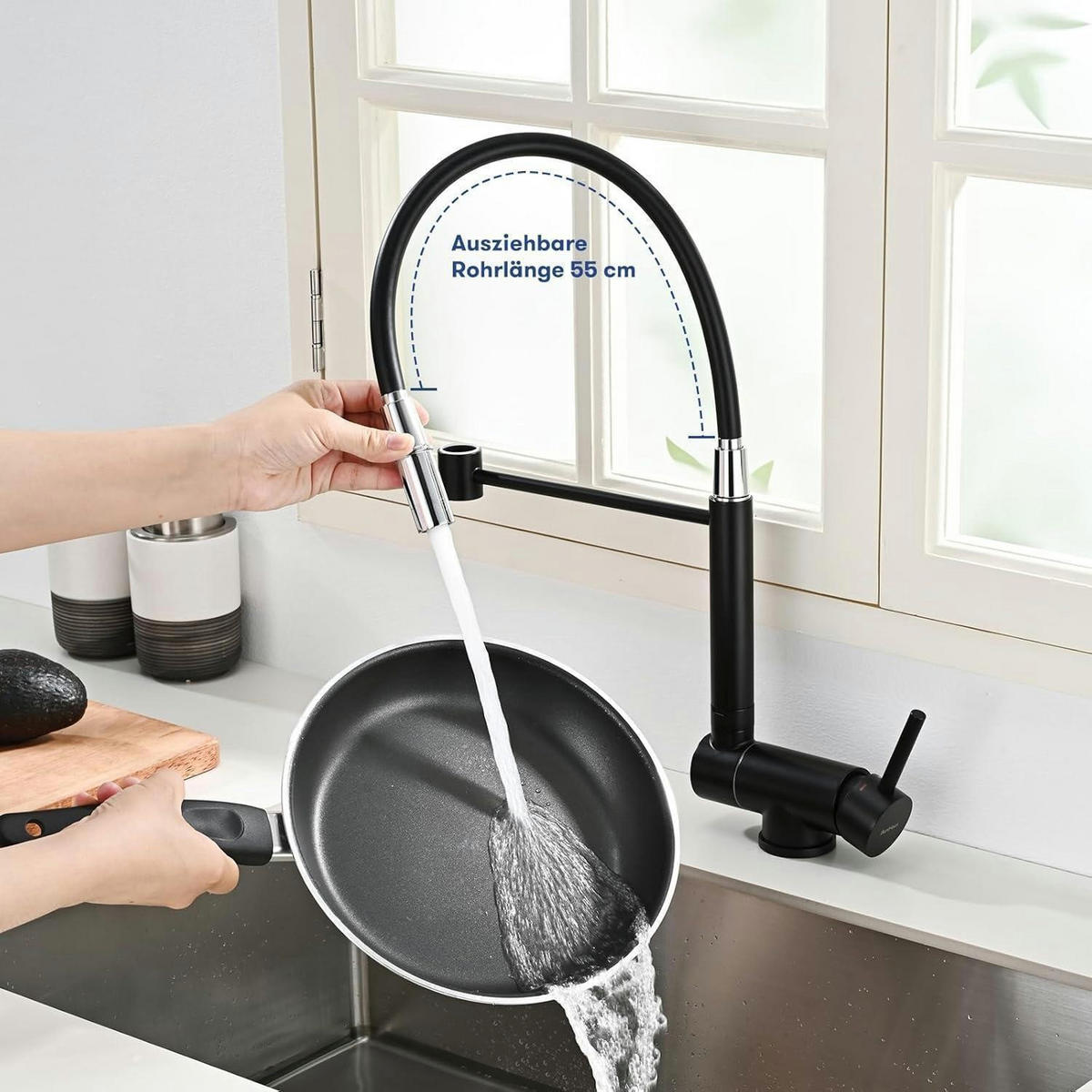 KÜCHENARMATUR ausziehbar faltbar 360° schwenkbar gebürsteter Edelstahl Mattschwarz - Schwarz, Metall (2.8/42.8/55cm)
