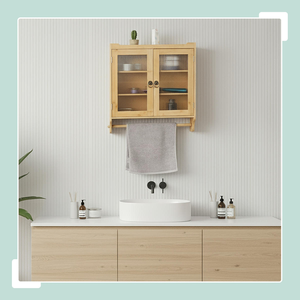 ZÁVĚSNÁ skříňka z bambusu - stříbrná/světle hnědá, dřevo/kompozitní dřevo (60/63/18cm) - Relaxdays