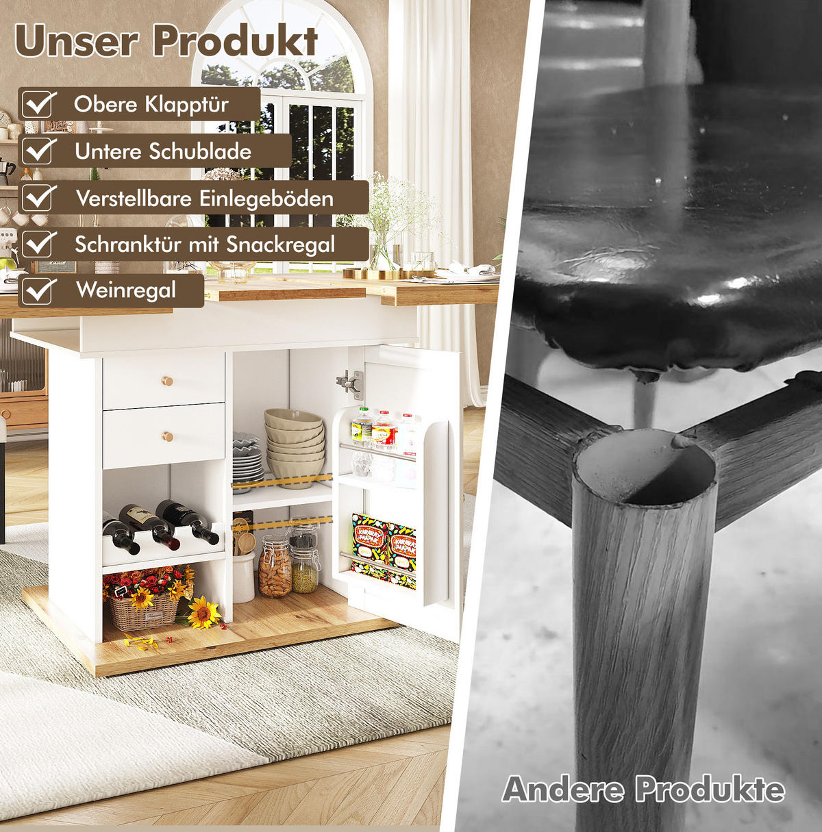 ESSTISCH aus MDF 110-140x80x75 cm Natur/Weiß ausziehbar mit Schublade, Klapptür und Regalen für Snacks und Wein - Naturfarben, Holzwerkstoff (140/80/75cm) - Modfu