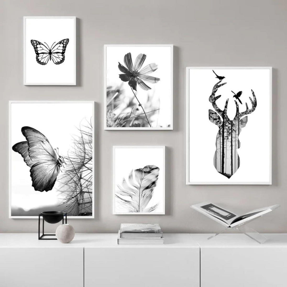 POSTER Set 3-teilig Schwarz-Weiß Schmetterling Blume 40x50cm - Multicolor, Papier (40/0.5cm) - LUXUSKOLLEKTION