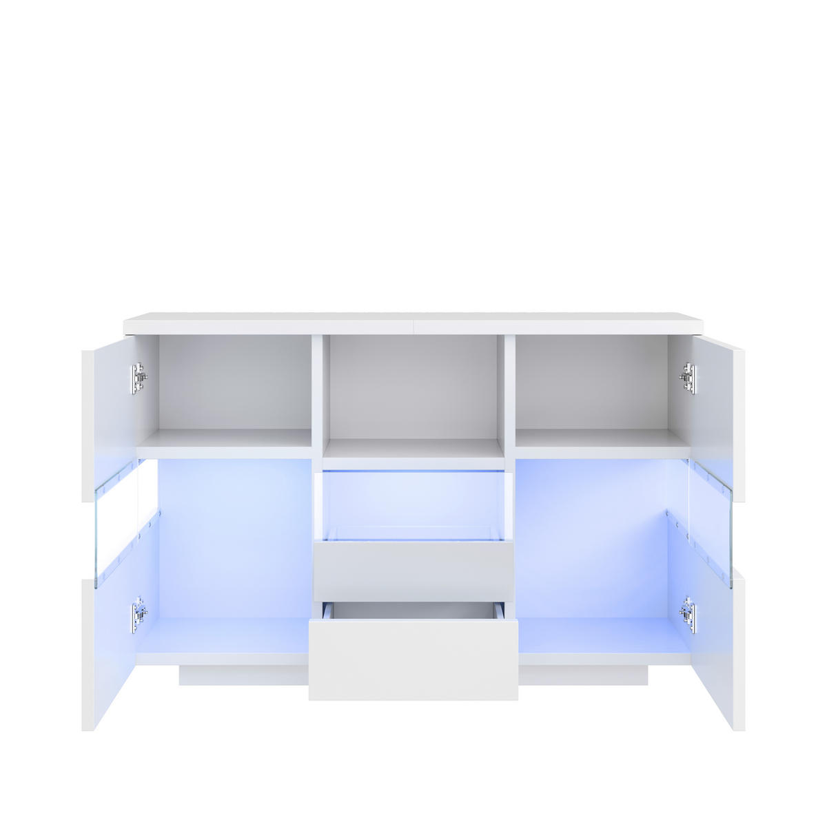 SIDEBOARD 140/35/75 cm in Weiß mit Glas-Elementen, Schubladen & offenen Fächern - Weiß, Holzwerkstoff (140/75/35cm) - BEAOK