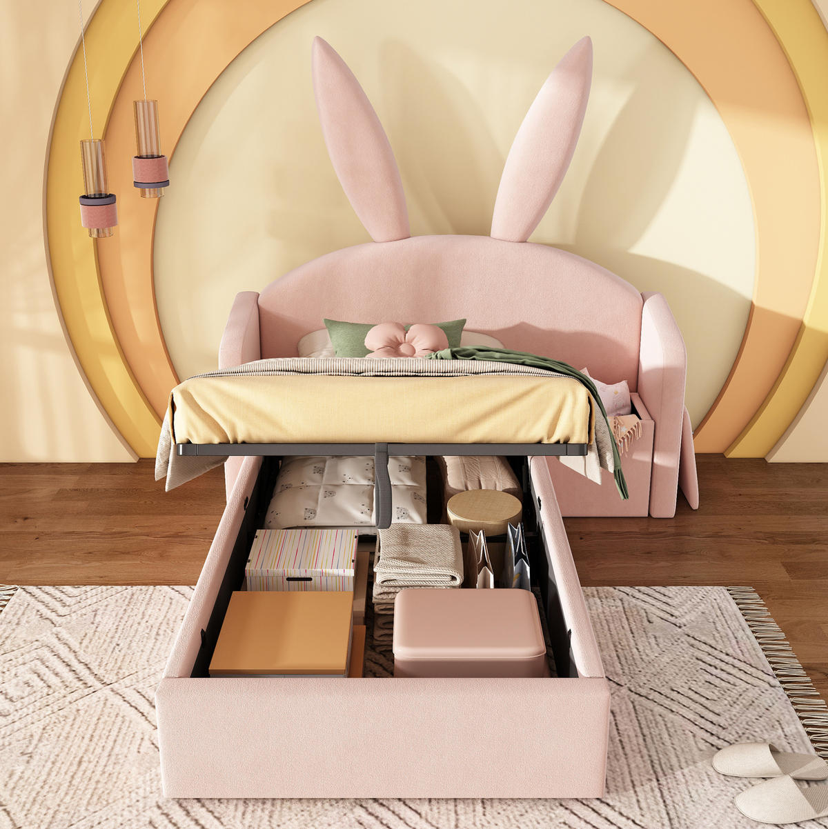 POLSTERBETT 90/200 cm Rosa aus Samt mit Nachttisch und Stauraum - Rosa, Textil (90/200cm) - OKMYHOME