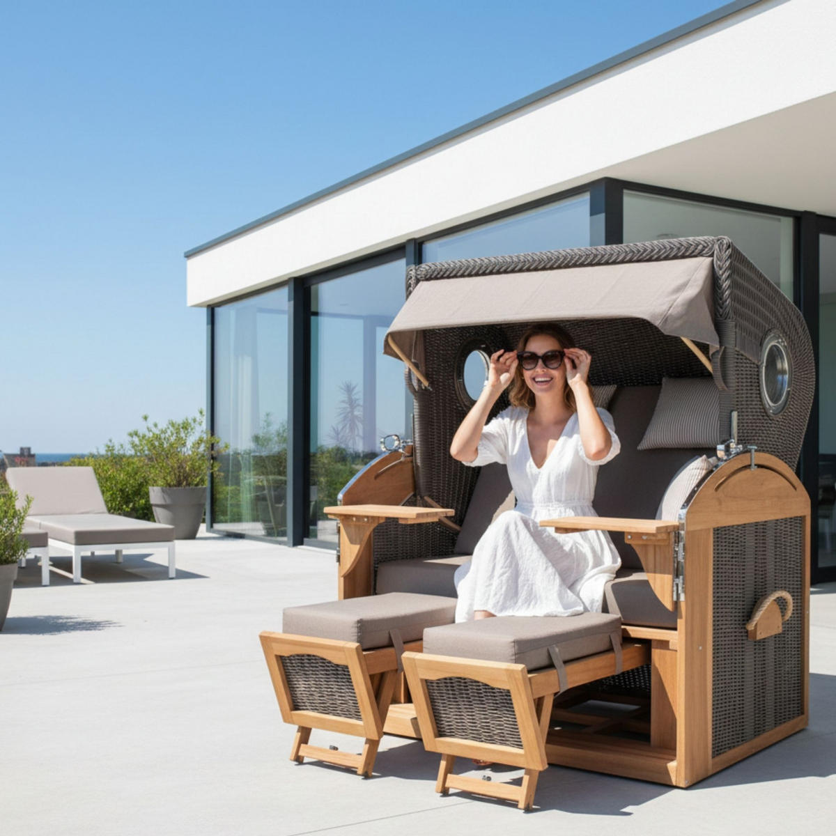 STRANDKORB XL Schillig Bullauge - Taupe/Braun, Metall (142/170/95cm) - Mr. Deko