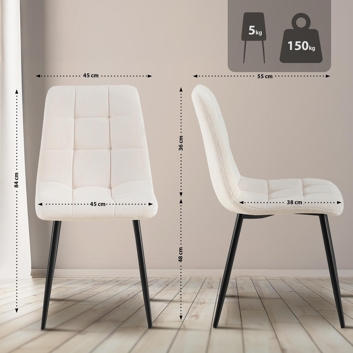 ESSZIMMERSTUHL 2er Set Fanor Cord Creme Wohnzimmerstuhl - Creme, Textil (45/84/55cm) - DELUKE