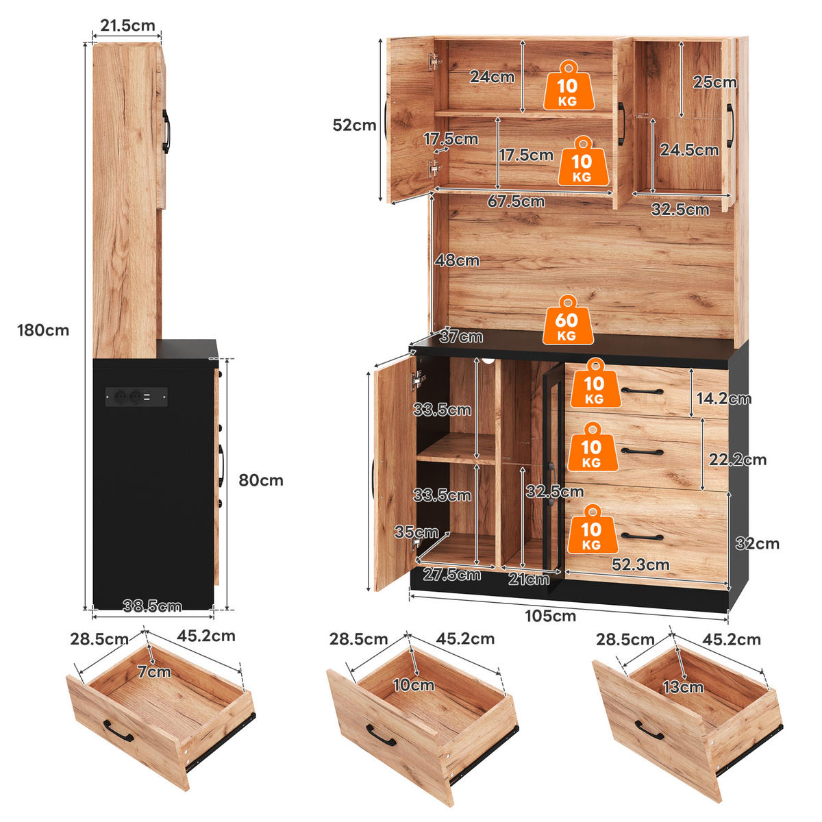 BUFFET 105/40/180 cm aus MDF mit LED-Beleuchtung und Steckdosenleiste Schwarz (Holzoptik) - Naturfarben, Holzwerkstoff (105/180/40cm) - Modenvie