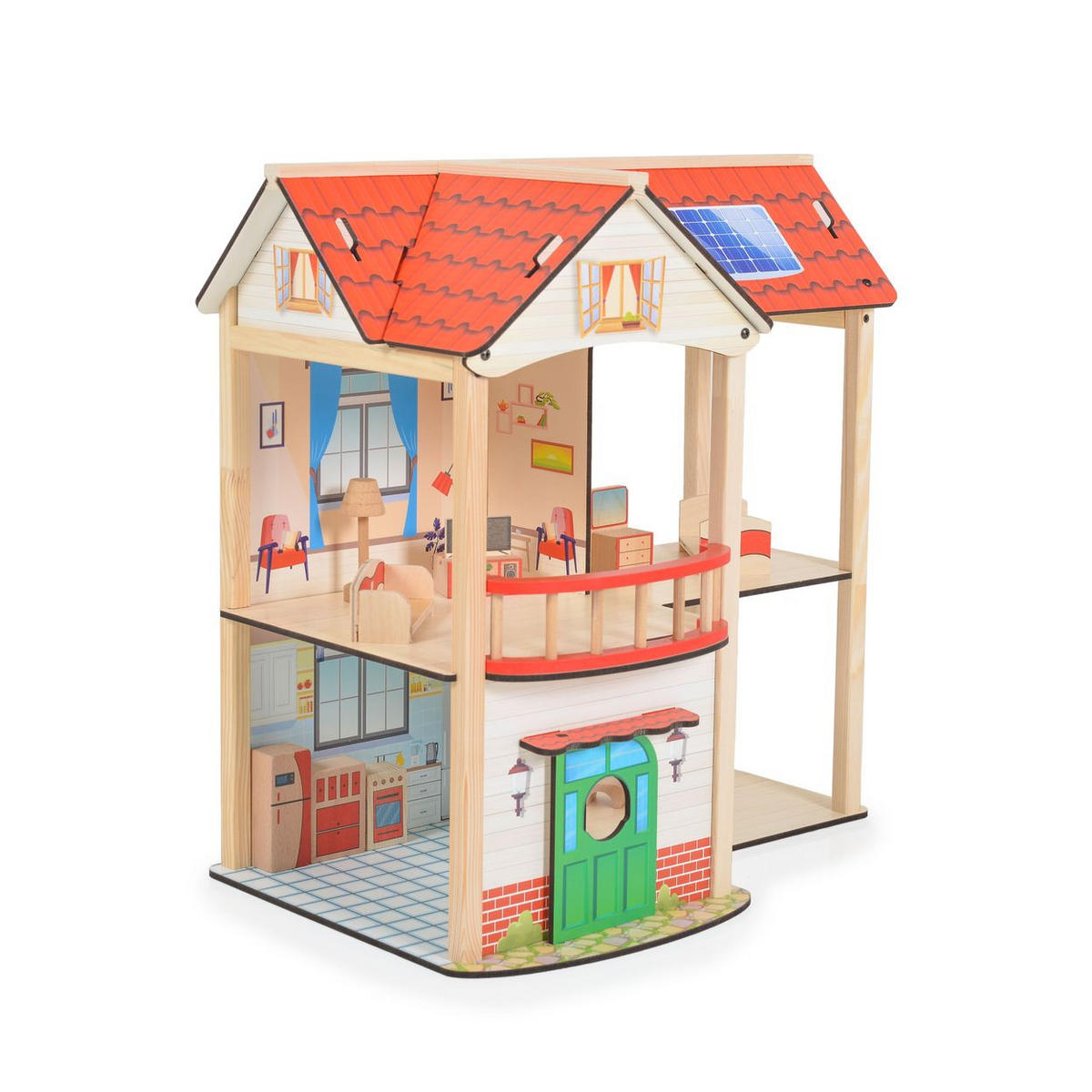 PUPPENHAUS Elly rot Holz, 11 Möbelstücke, 2 Etagen, 4 Zimmer, Küche, Bad, Türen, Puppe - Rot, Holz (32/53/53cm) - Moni