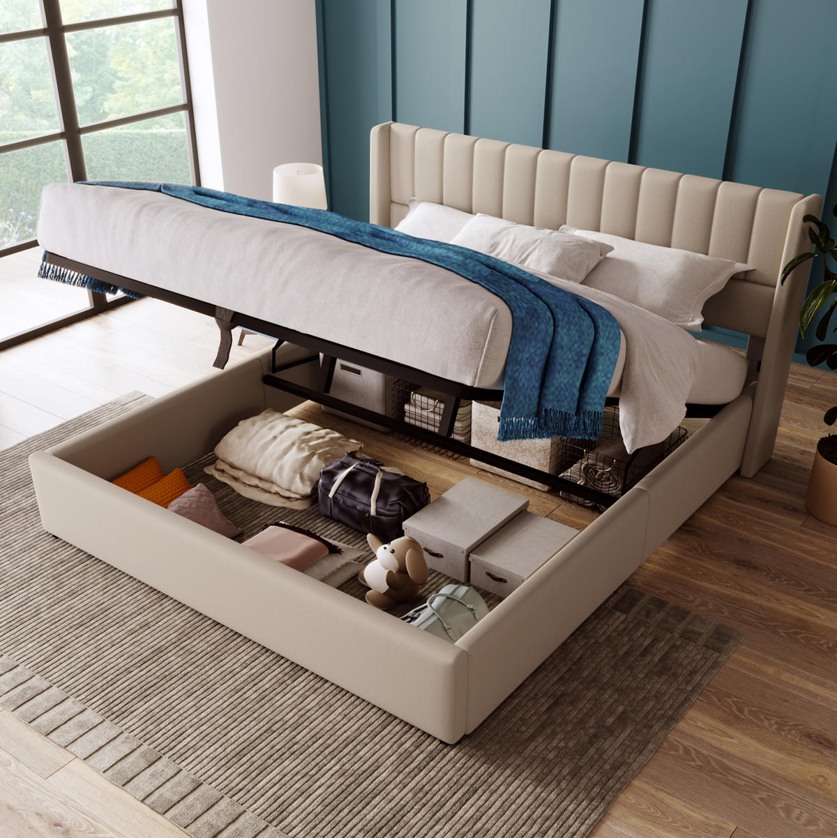 POLSTERBETT aus Leinen 140x200 cm in Beige mit Hydraulik-Stauraum & Matratze - Beige, Textil (140/200cm) - Modfu