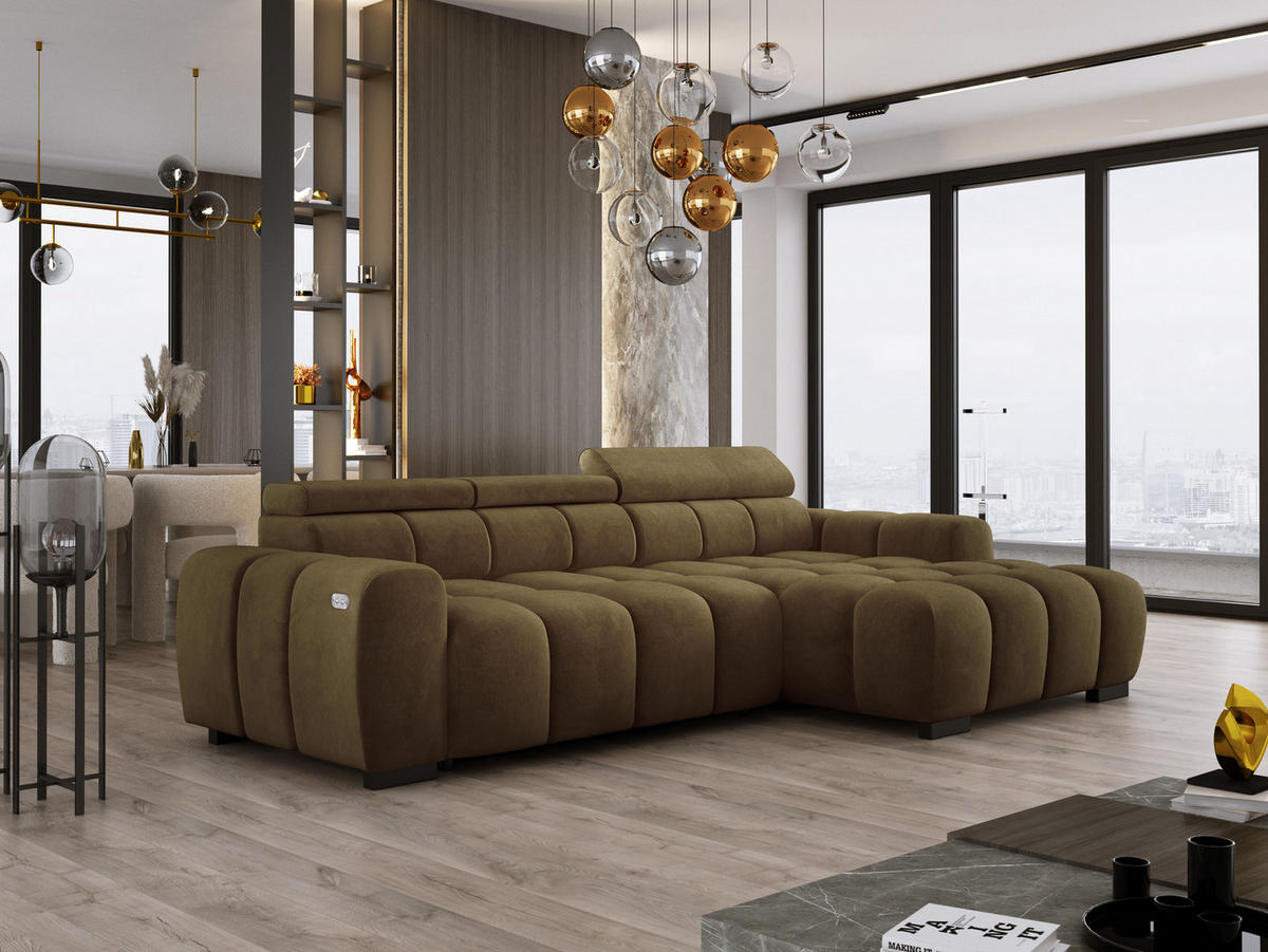 ECKSOFA OMBO 285x168x77/97 cm, Rechts, Schlaffunktion, elektr. Sitz, Kopfstützen, Buche dunkel, hydrophober SALVADOR-Stoff – Dunkelblau - Olivgrün, Holz/Textil (285/168cm) - DomoHome
