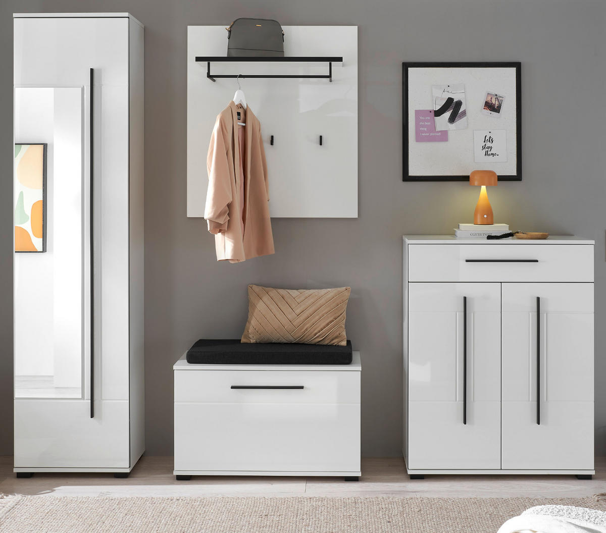 GARDEROBEN-SET weiß Hochglanz 5-teilig 230 cm, Flurgarderobe mit viel Stauraum - Weiß Hochglanz/Dunkelgrau, Glas/Holzwerkstoff (230/230/40cm) - Furn.Design