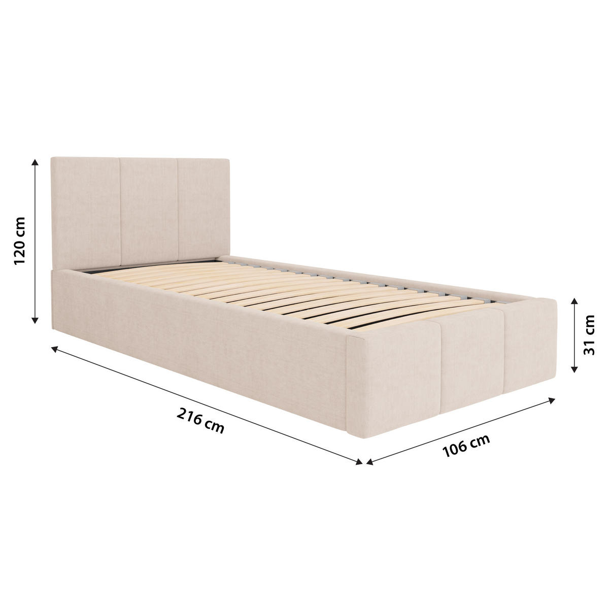 POLSTERBETT für Schlafzimmer Bett mit Stauraum Creme 90x200cm Kopfteil 120cm - Weiß, Holzwerkstoff/Metall (90/200cm) - Muralo