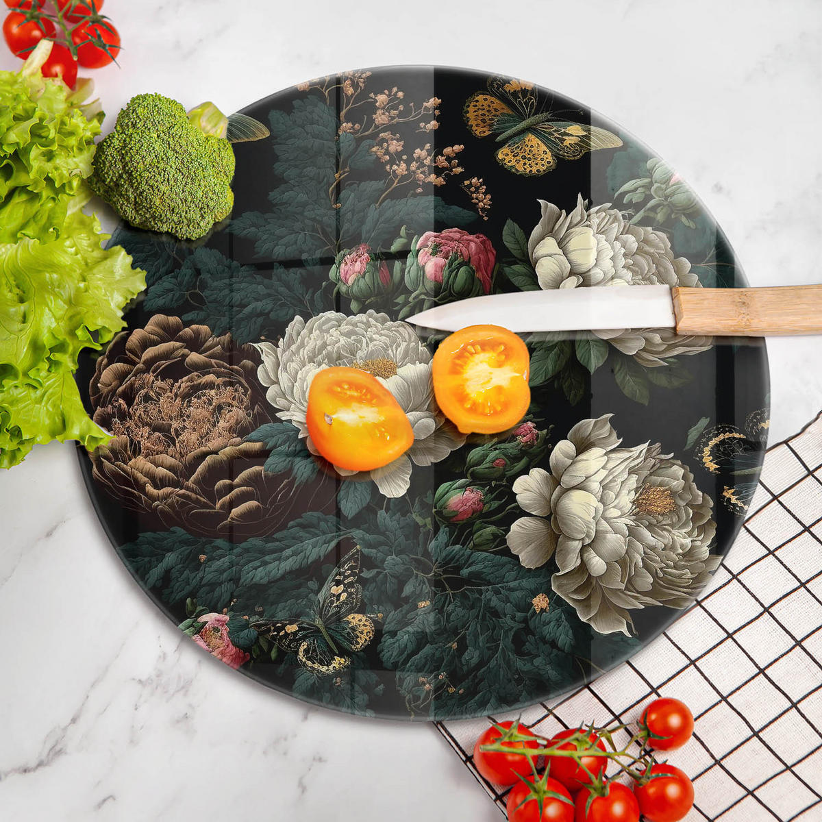 GLASPLATTE Ø 40 cm Vintage Pfingstrosen Blumen - Multicolor, Glas (40/40cm) - Wallfluent