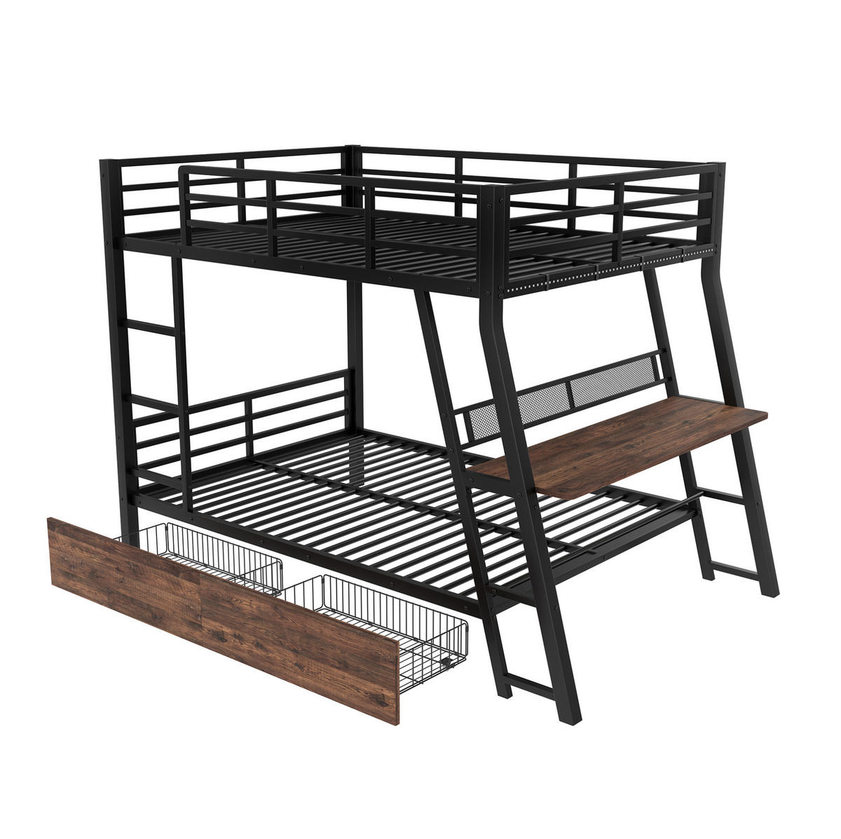 HOCHBETT 140/200 cm mit Schreibtisch, LED-Beleuchtung, 2 Schubladen und Treppe, Metallrahmen, Schwarz - Schwarz, Metall (140/200cm) - Redom