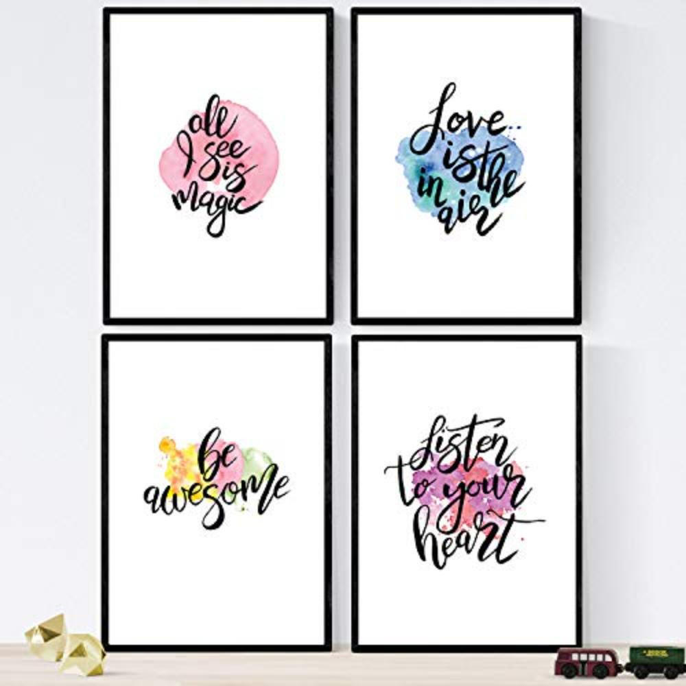 POSTER Set mit 4 glücklich und bunt ‚Love‘ A4 Schwarzer Rahmen - Schwarz, Papier (29.7/3cm) - Nacnic