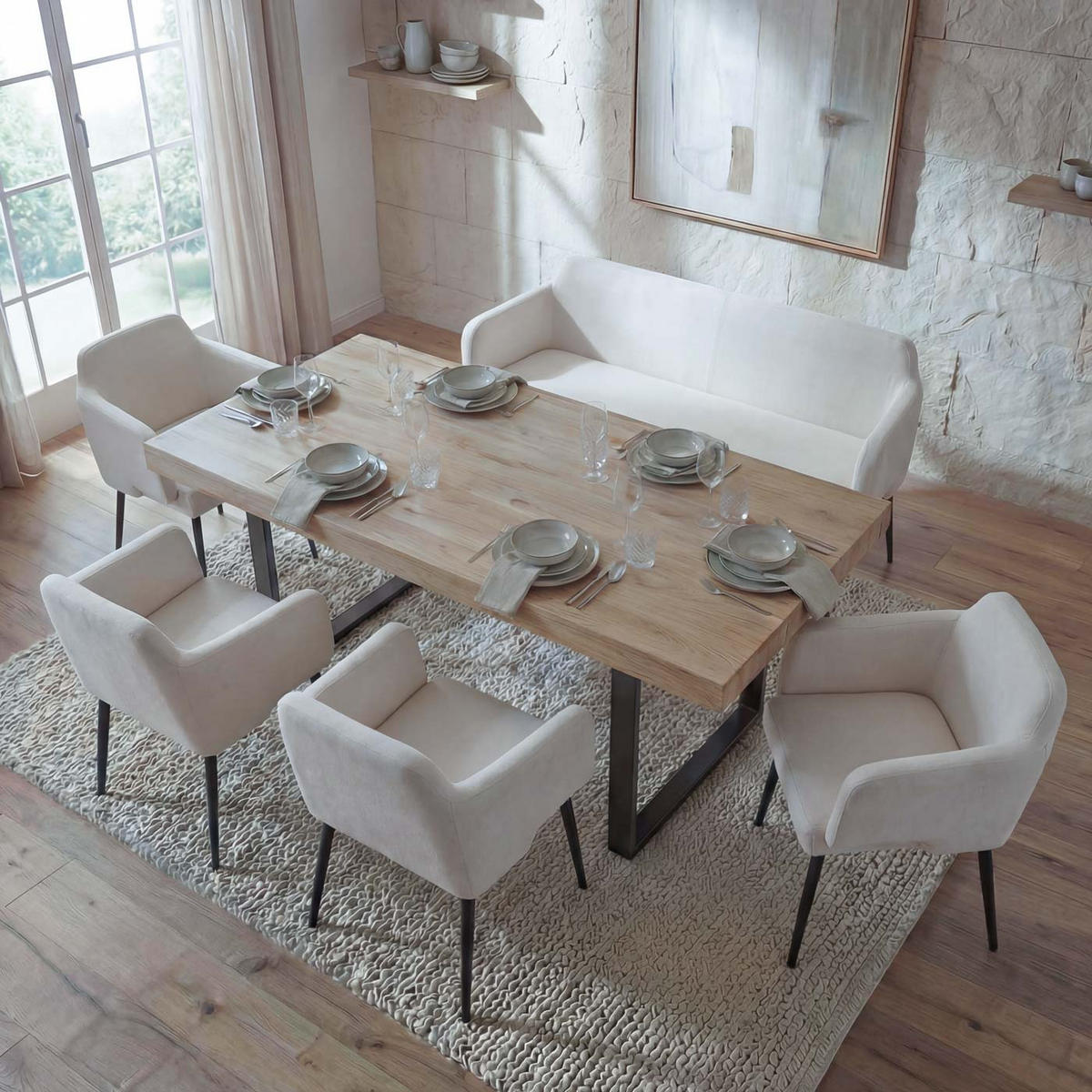 ESSZIMMER-SET Cremeweiß 5er-Set - Weiß, Textil (133/77/56cm) - MCW