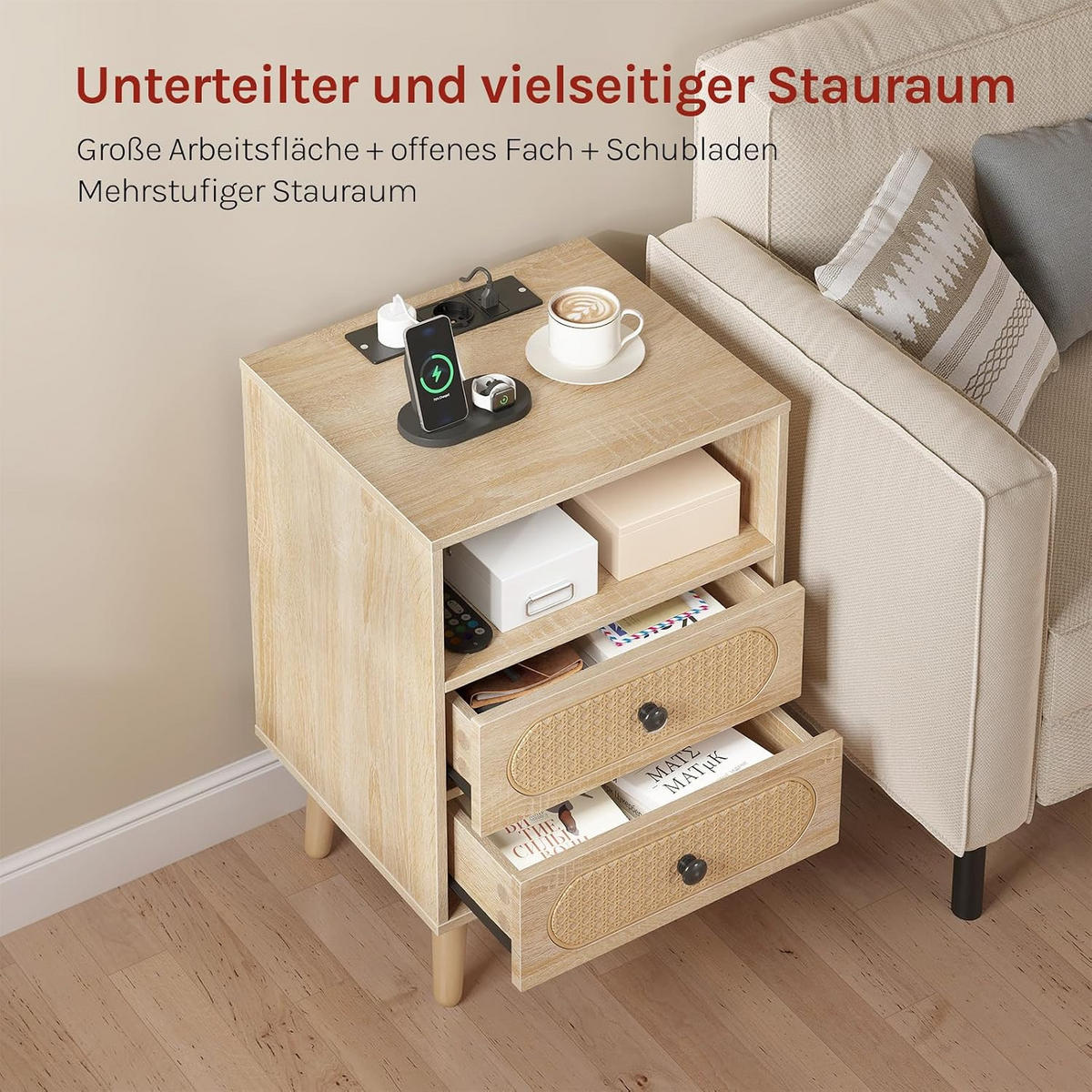 NACHTSCHRANK 35/40/60 cm, Ladefunktion & LED, Eiche - Eichefarben, Holzwerkstoff (45/60/35cm) - Woltu