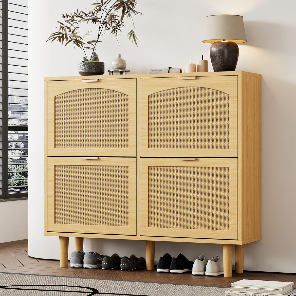 SCHUHSCHRANK Rattan 4 Klappen Landhaus 100x25x90cm - Eichefarben, Holzwerkstoff (25/90/100cm) - FLIEKS