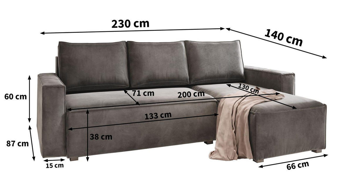 ECKSOFA SILES Grau Velours-Stoff mit Schlaffunktion - Grau, Holz (230/140cm) - MASSENO