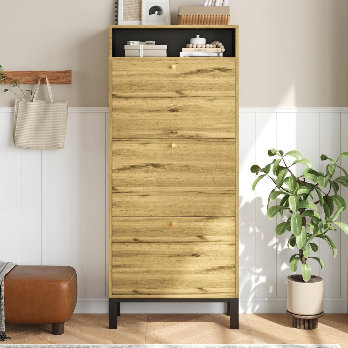 SCHUHSCHRANK 63/24/147 cm in Natur mit 3 Klappen und offenen Fächern - Naturfarben, Holzwerkstoff (63/147/24cm) - Flora Grace