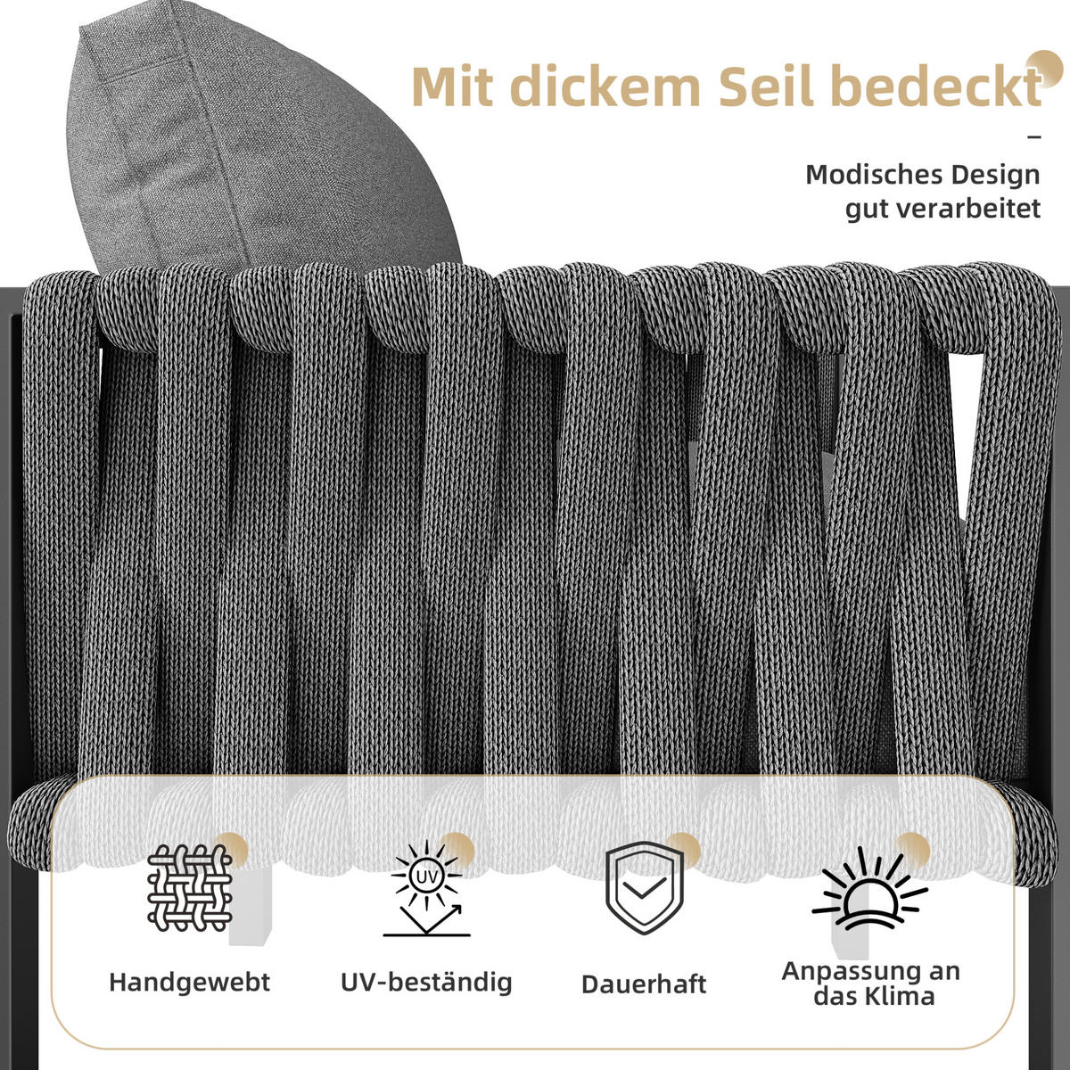 GARTENMÖBELSET 238/61/78 cm grau aus Metall und Polyester mit Kissen und Glastisch - Grau, Metall - OKWISH