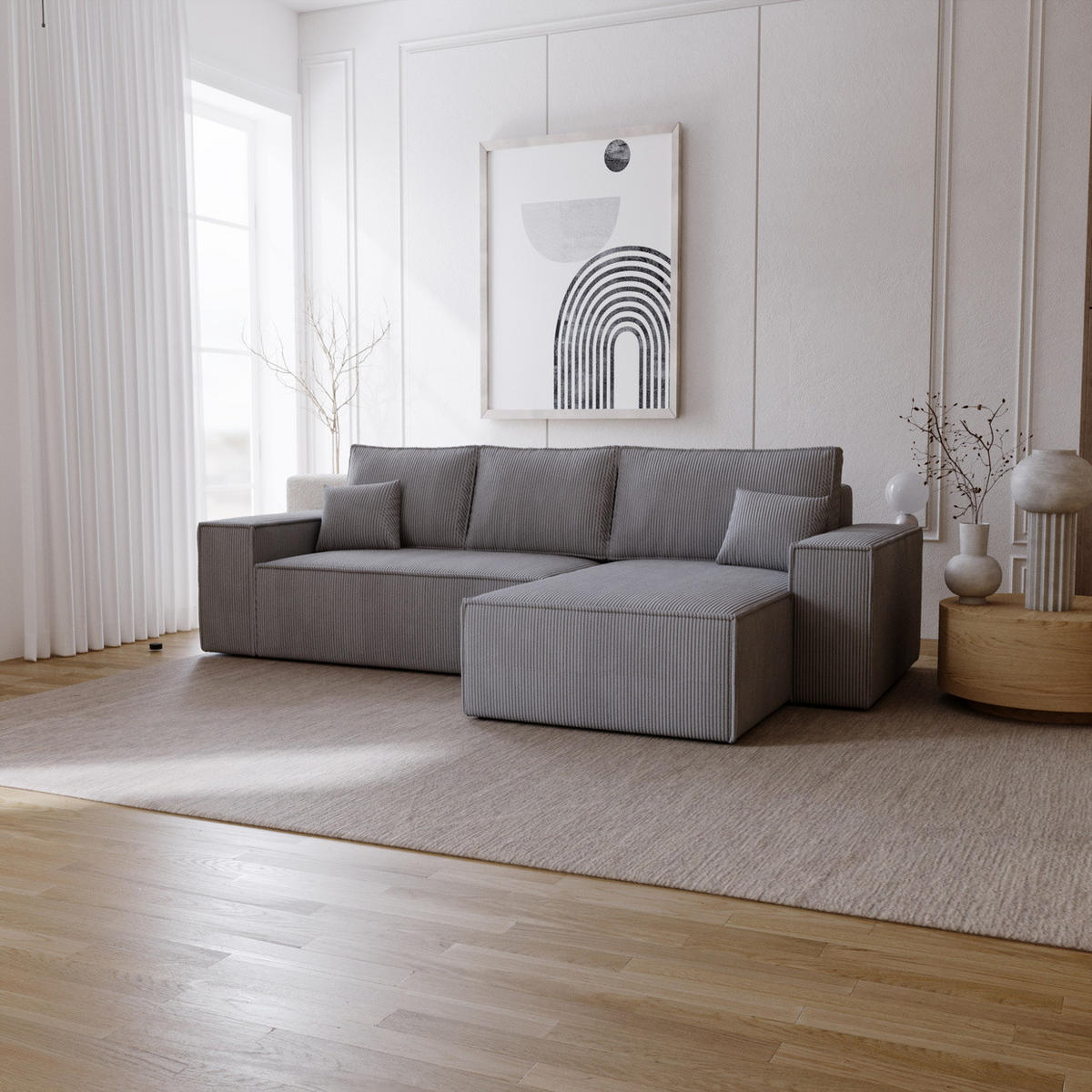 ECKSOFA Bergamo L mit Cordstoff, 280 cm, Schlaffunktion, Rechts - Grau - Grau, Holz (189/277cm) - Emporius