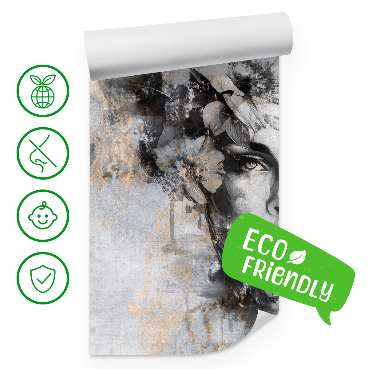 FOTOTAPETE für Wohnzimmer Frau Porträt Beton Blumen Modern 400x280 - Goldfarben/Schwarz, Papier (400/280cm) - Muralo