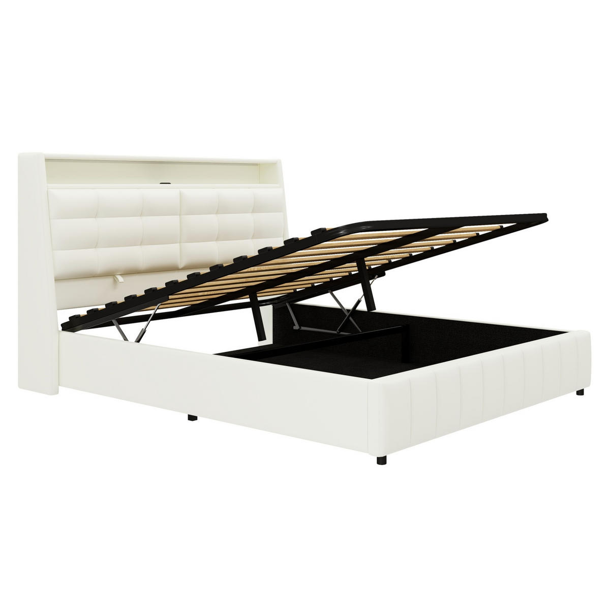 POLSTERBETT aus MDF, Sperrholz und PU 160x200 cm Weiß mit Stauraum, LED-Beleuchtung und USB-Anschluss - Weiß, Textil (160/200cm) - IVMEU