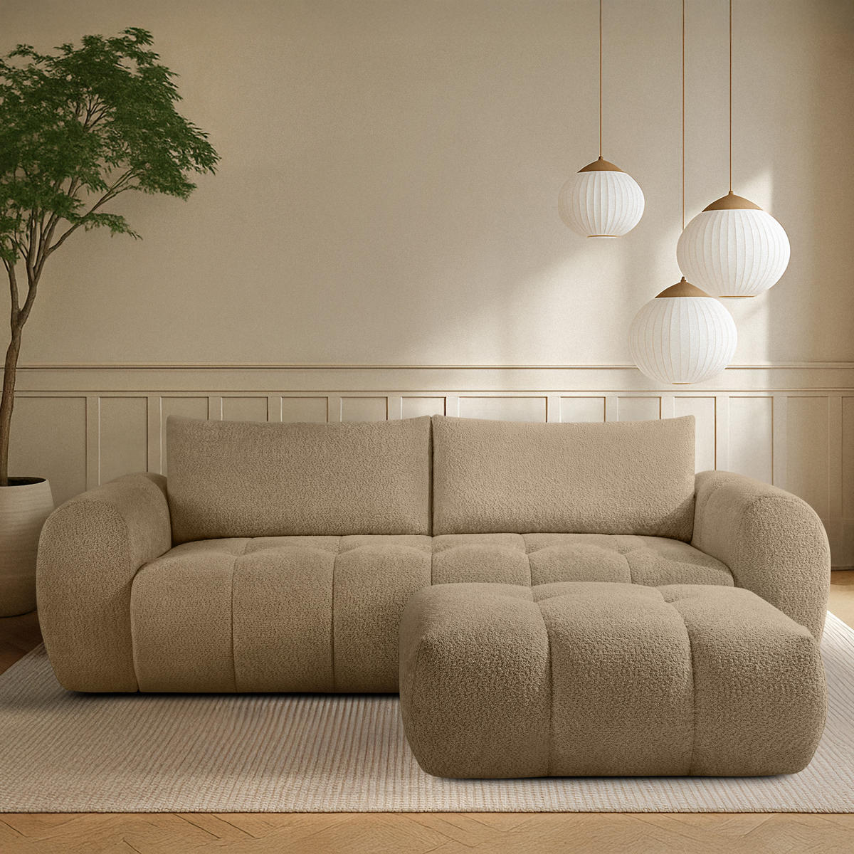 POUF LIRA, Beige, Bouclé - Beige, Holz/Holzwerkstoff (96/43/50cm) - KONSIMO®