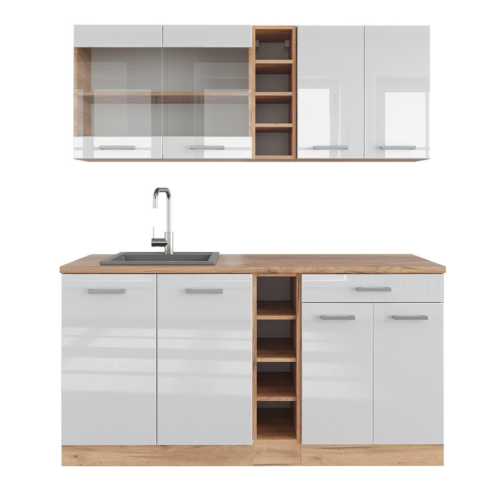 SINGLEKÜCHE R-Line Weiß Hochglanz/Goldkraft Eiche 160 cm ohne AP - Weiß Hochglanz/Eiche Wotan, Holzwerkstoff (160/81.6/46cm) - Vicco