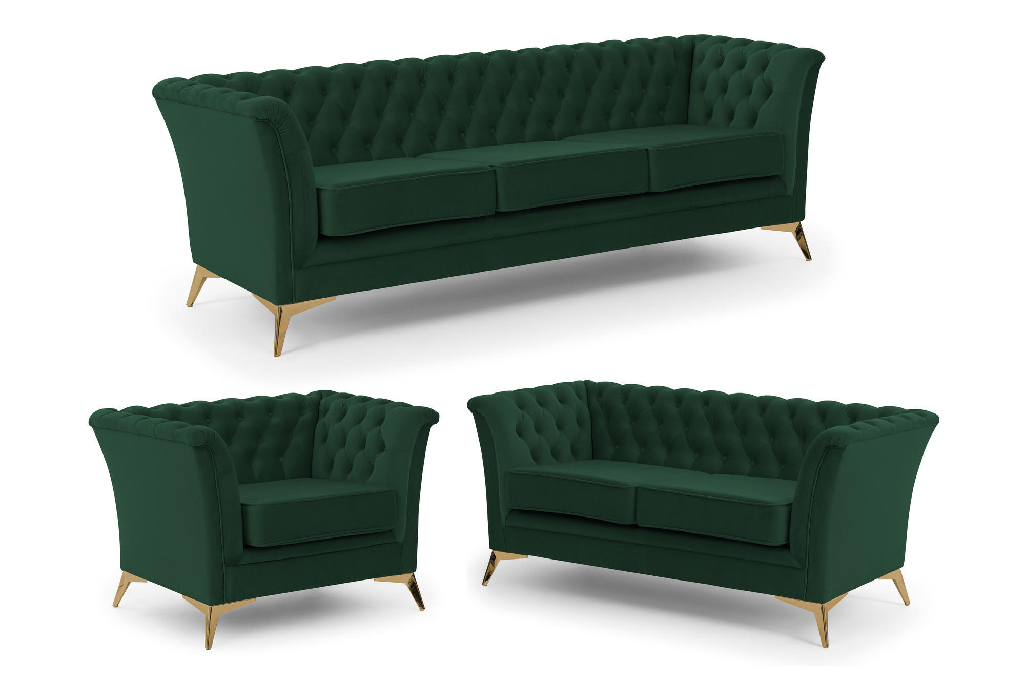 SITZGARNITUR 3+2+1 Chesterfield Whitby Flaschengrün Samt mit goldenen Füßen - Dunkelgrün/Goldfarben, Holz/Textil (237/78/82cm) - S-Style Möbel