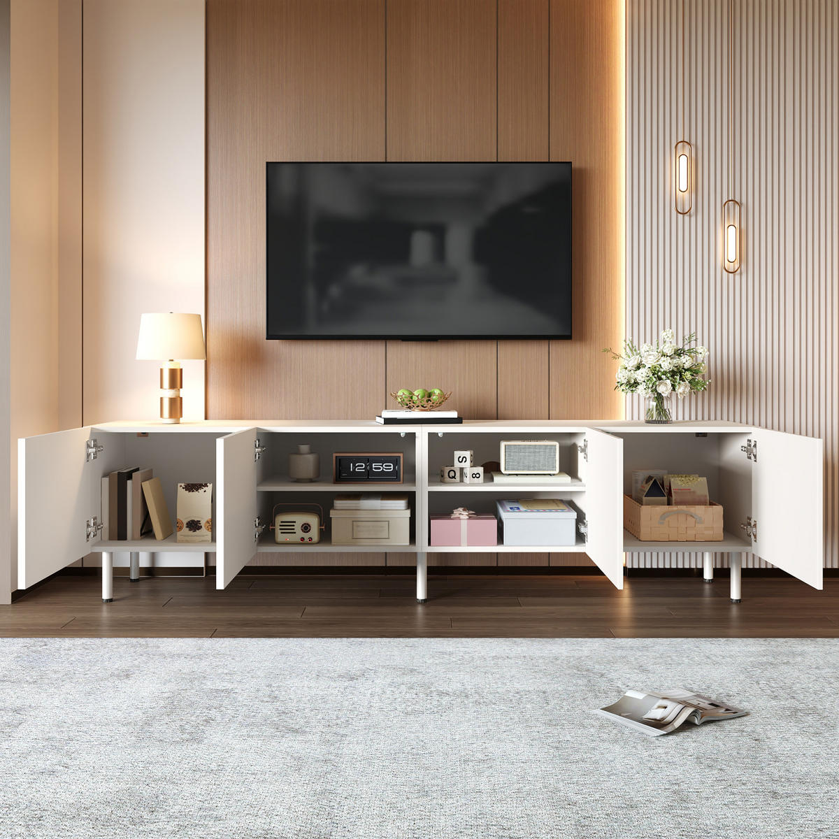 TV-LOWBOARD 170 x 35 x 50 cm, 4 Push-to-Open-Türen, 3D-Wellenfront, Metallfüße, Weiß - Weiß, Holzwerkstoff (170/50/35cm)