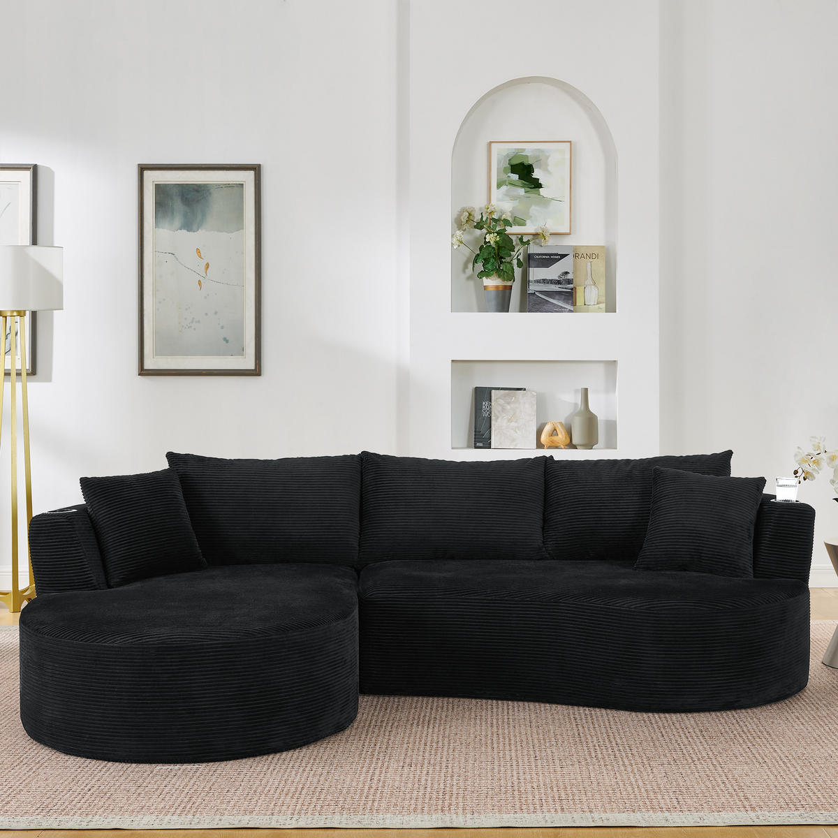 3-SITZER ECKSOFA Cord Schwarz mit Getränkehaltern und Kissen - Schwarz, Textil (264/168cm) - WISHDOR