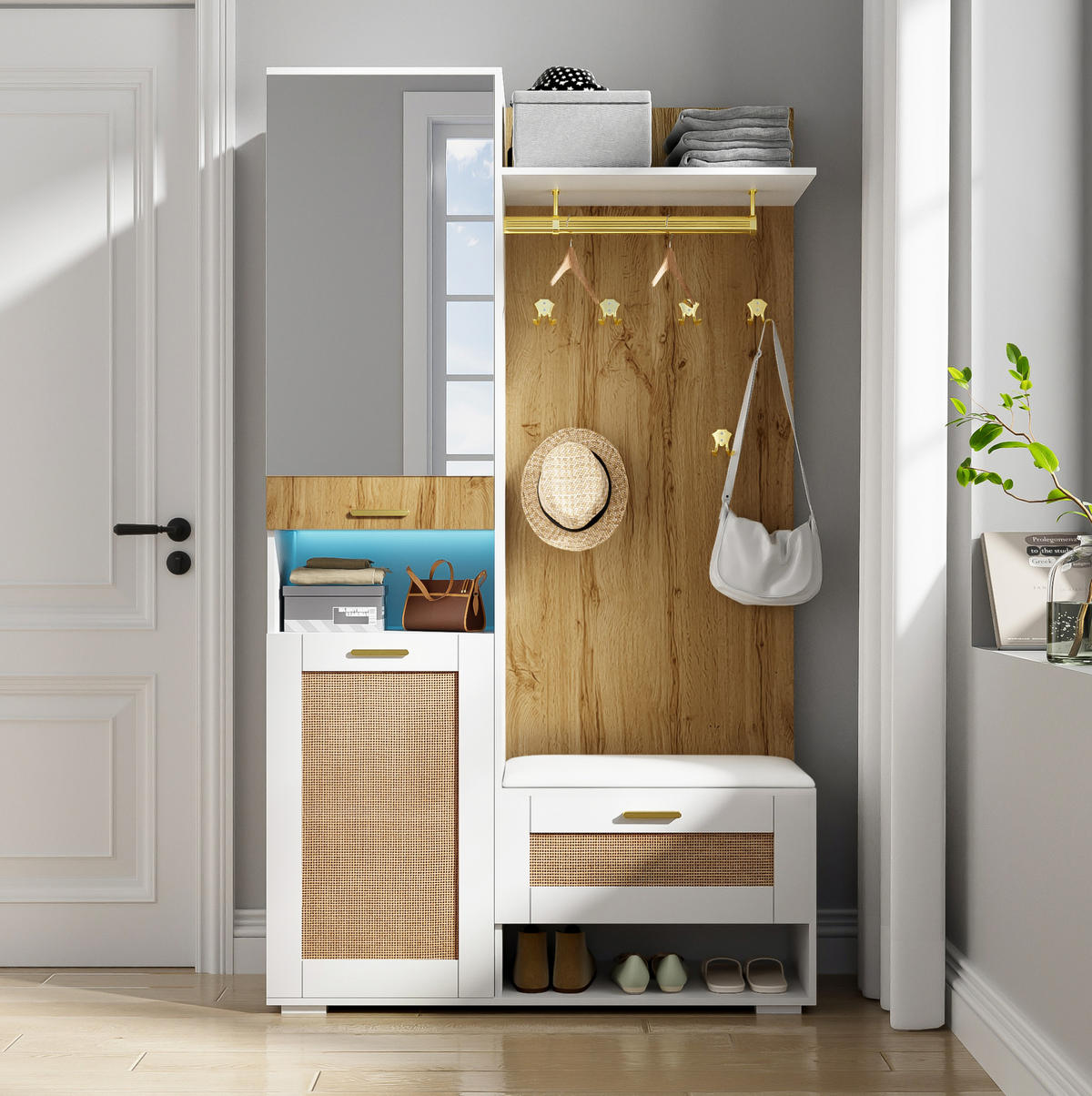 DIELENGARDEROBE mit Spiegel, Sitzbank und 6 Haken, 110/38/190 cm - Weiß, Holzwerkstoff (38/190/110cm) - BEAOK