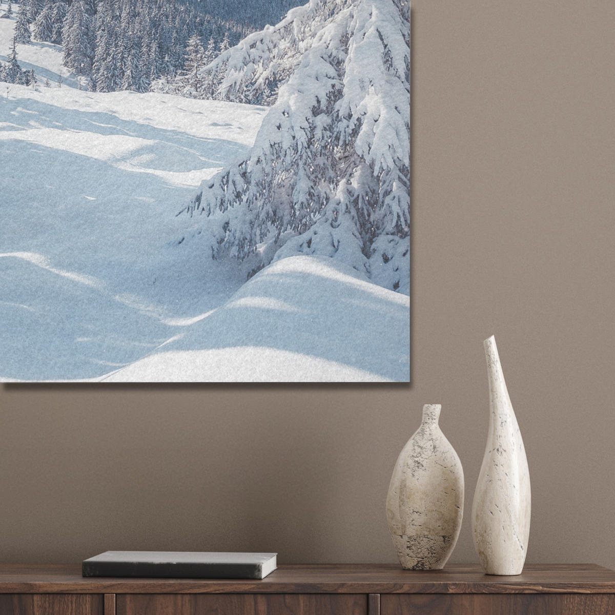 AKUSTIKPANEEL Winterlandschaft - Natur - Berge - Bäume - Schnee 60x80 cm - Hellblau, Textil (60/0.9/80cm) - MuchoWow