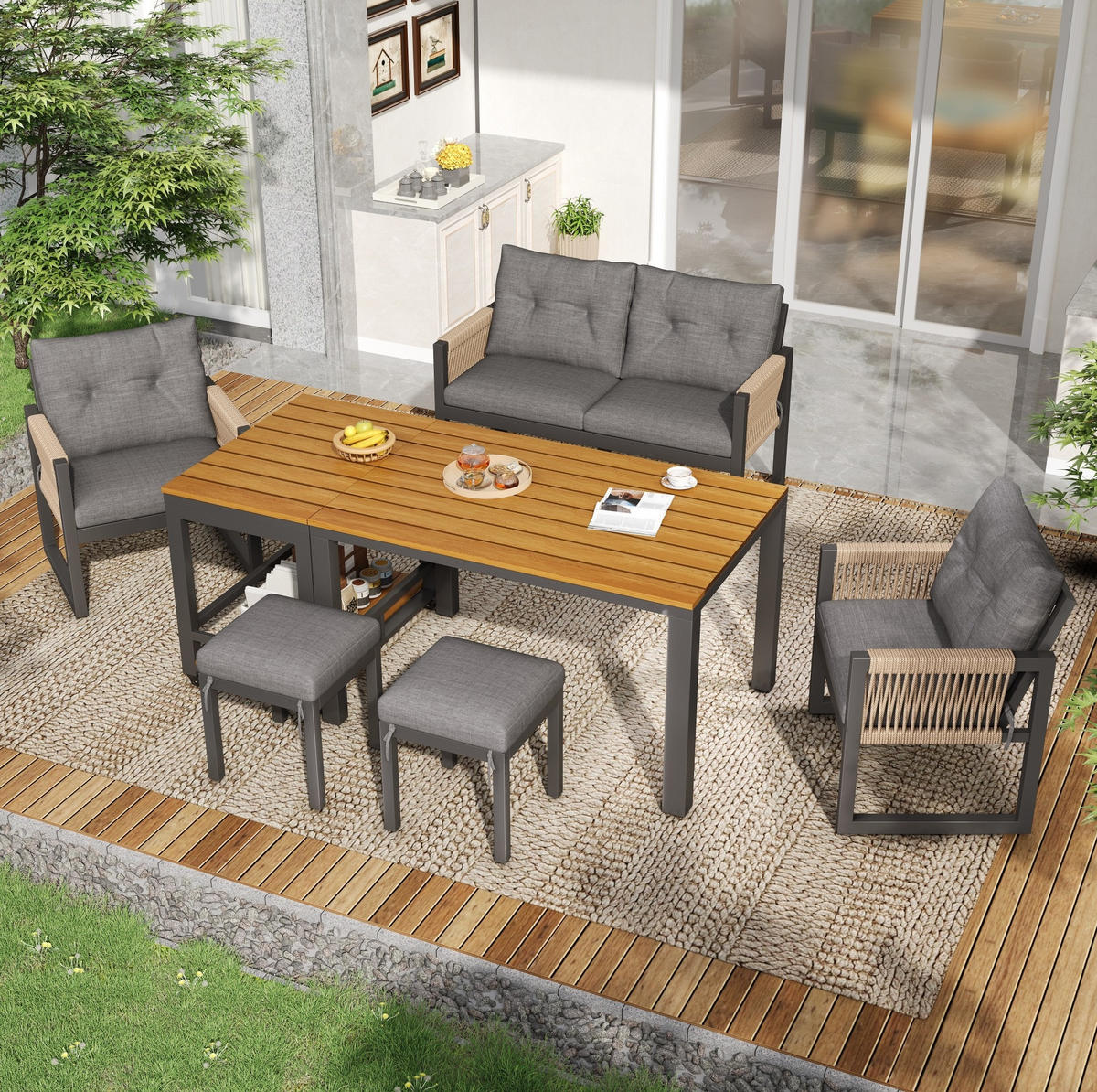 GARTENMÖBEL-SET 6-tlg. mit abnehmbarem Tisch Grau/Natur - Grau, Holz - Beauniv