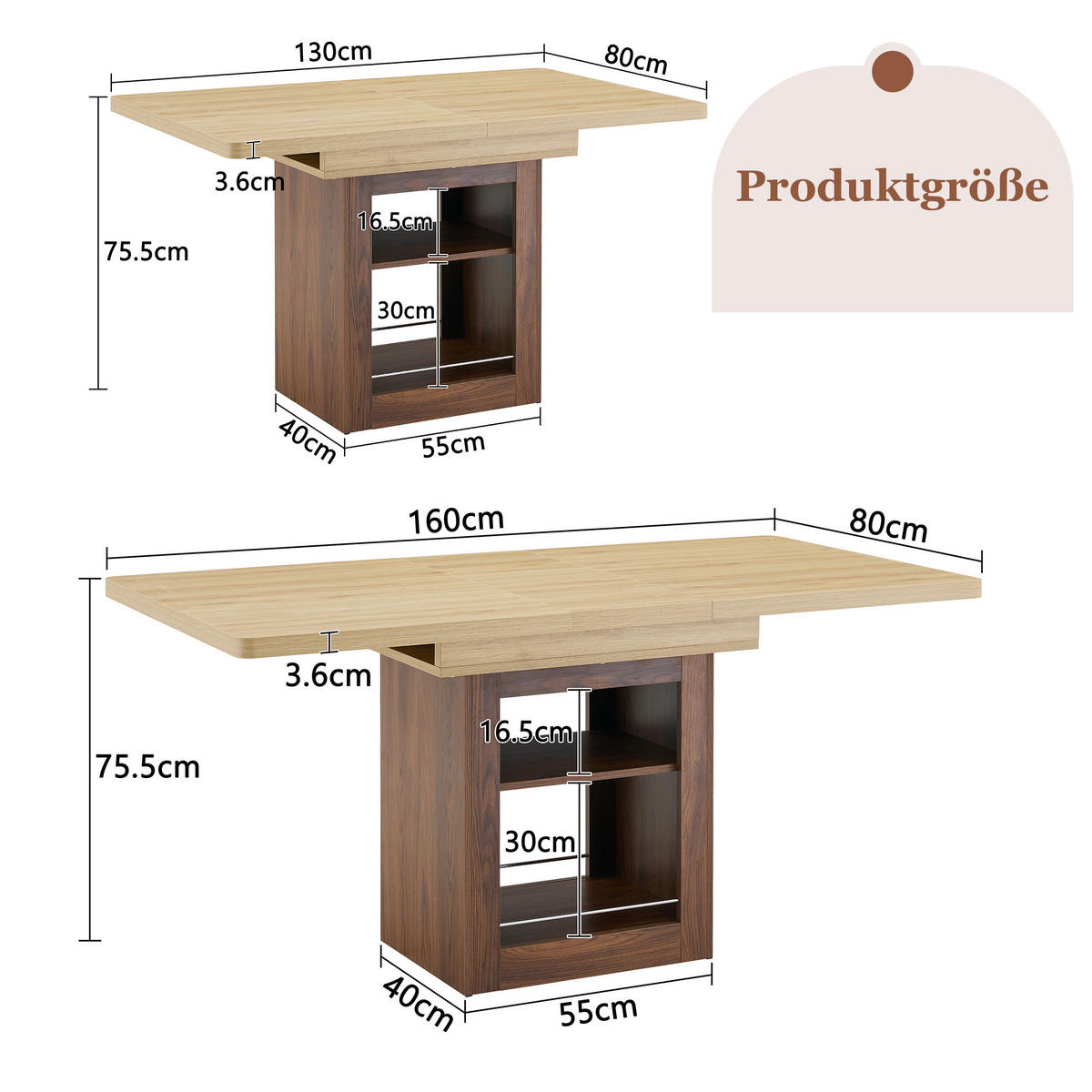 ESSTISCH ausziehbarer Naturholz + Walnuss mit Stauraum und integrierten Fächern 130-160/80/75.5 cm - Naturfarben, Holz (80/160/75.5cm) - Oxeza