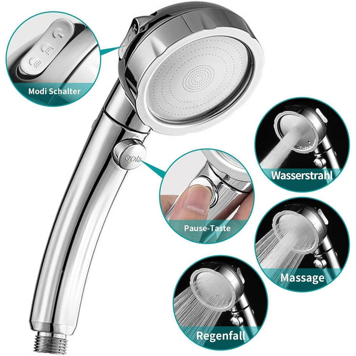 DUSCHKOPF Set mit Wassersparfunktion und 3 Strahlarten - Silberfarben, Metall (8/12.7/24cm)
