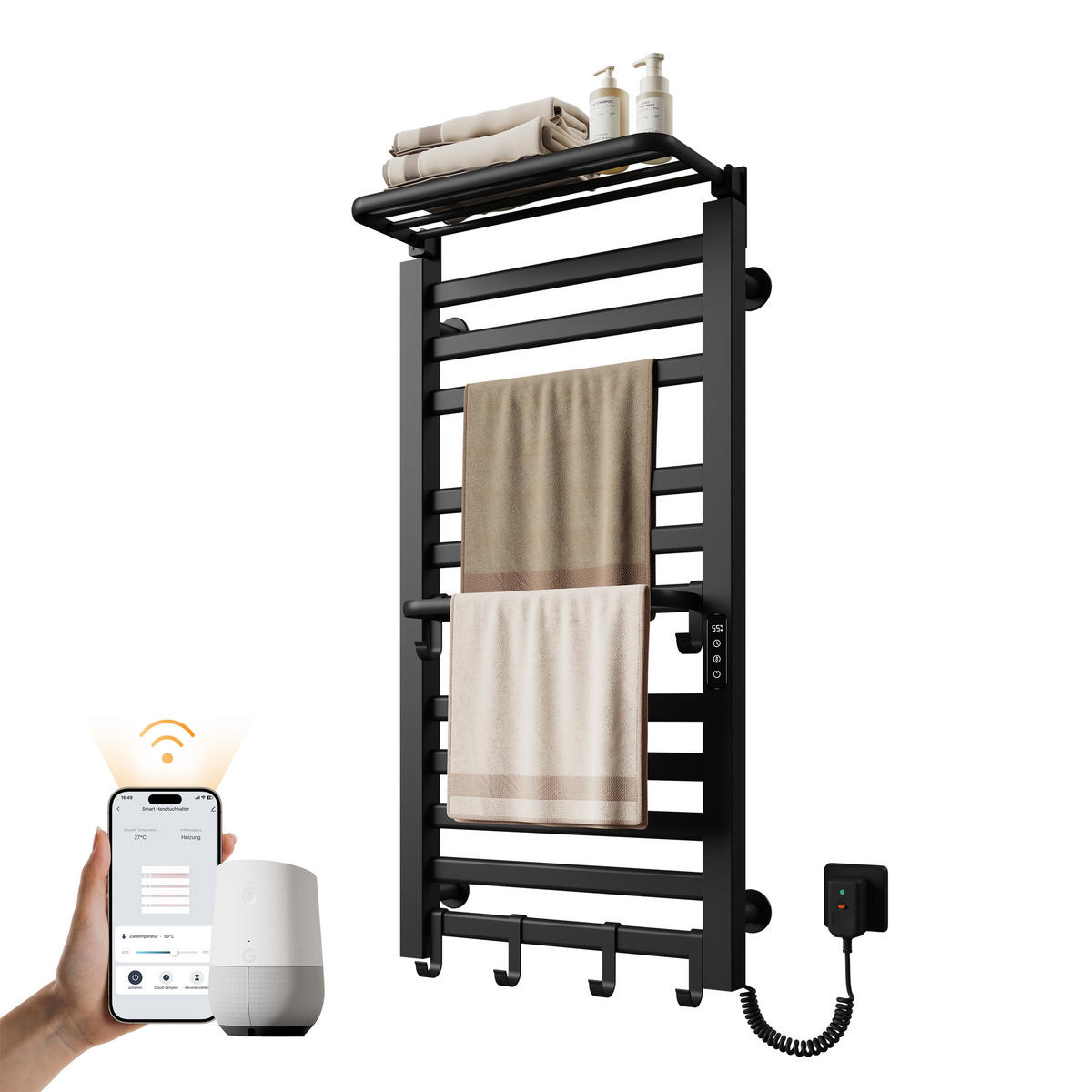 HEIZKÖRPER Elektrischer Handtuchhalter mit Ablage Schwarz 100/50/4,3 cm - Schwarz, Metall (50/100/25.5cm) - EMKE