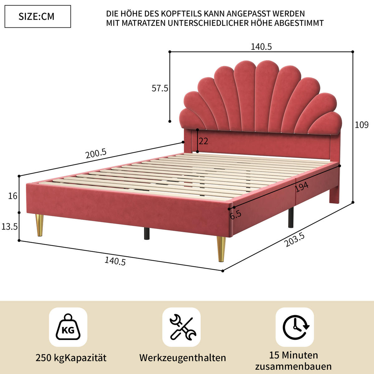 POLSTERBETT 140x200 cm, mit Blumenform-Kopfteil & Lattenrost, Doppelbett, Kinderbett, Samt - Beige, Textil/Metall (140/200cm)