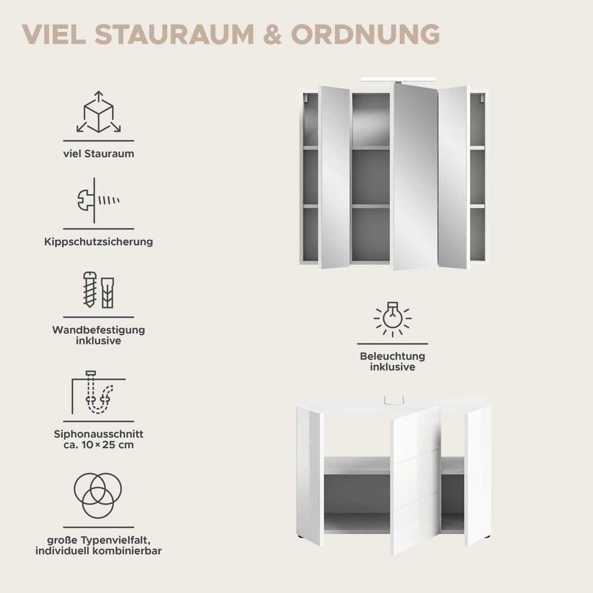 BADKOMBINATION 2tlg. inkl. Beleuchtung Vira Bad in weiß Melamin und weiß HG B/H/T: 82x190x34 cm - Weiß, Holz (82/190/34cm)