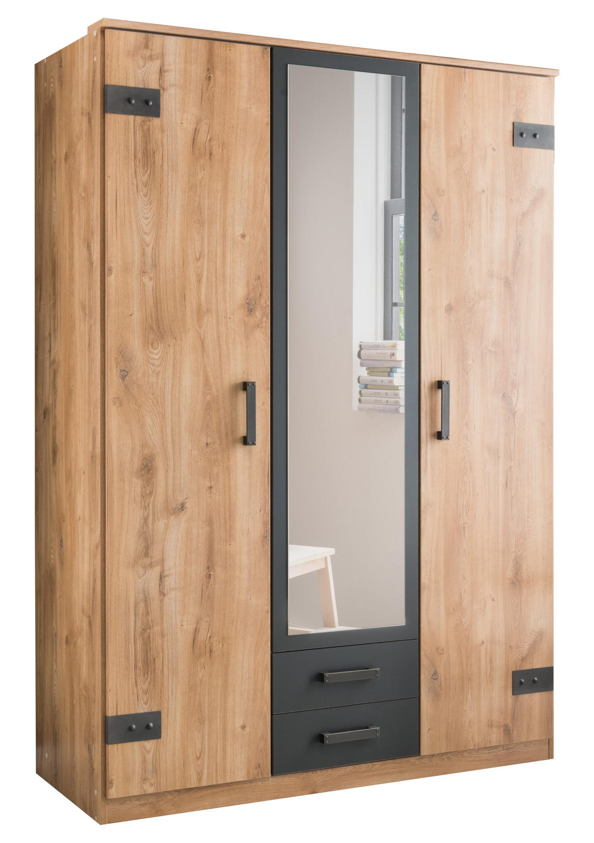 KLEIDERSCHRANK Cork in Plankeneiche mit Grafit 135x199x58 cm (BxHxT) – Drehtürenschrank mit Spiegel in Breite 135cm - Braun/Grau, Holzwerkstoff (120/200/80cm)