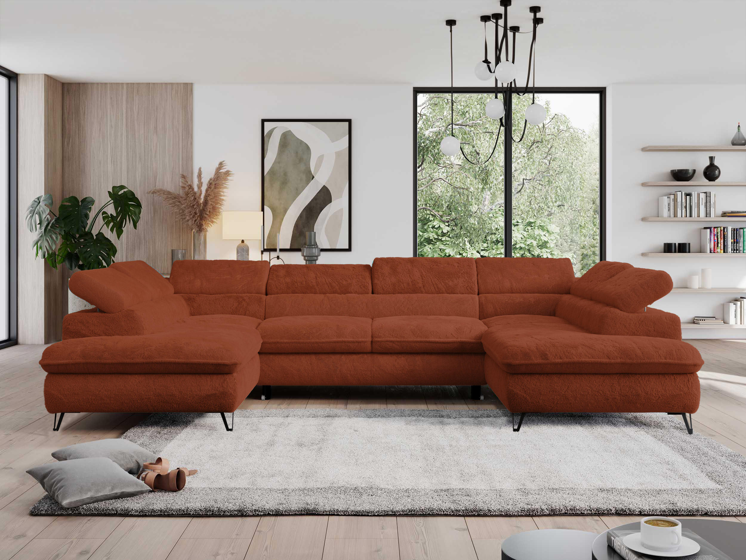 WOHNLANDSCHAFT PEDRO U Plüsch Orange - Schwarz/Orange, Textil/Metall (346/76/208cm) - MKS