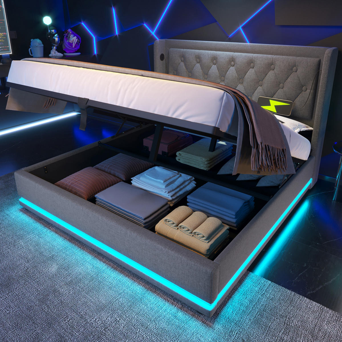 POLSTERBETT 180/200 cm Grau Baumwolle mit Stauraum und USB-Typ-C-Anschluss - Grau, Textil (180/200cm) - OKWISH