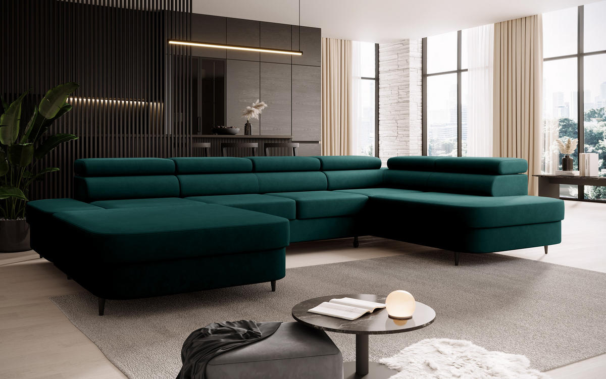ECKSOFA U-Form PRIAM U Rechts mit Schlaffunktion 126x270 Velours Grün - Schwarz/Grün, Holz/Textil (203/91/350cm) - Muffo