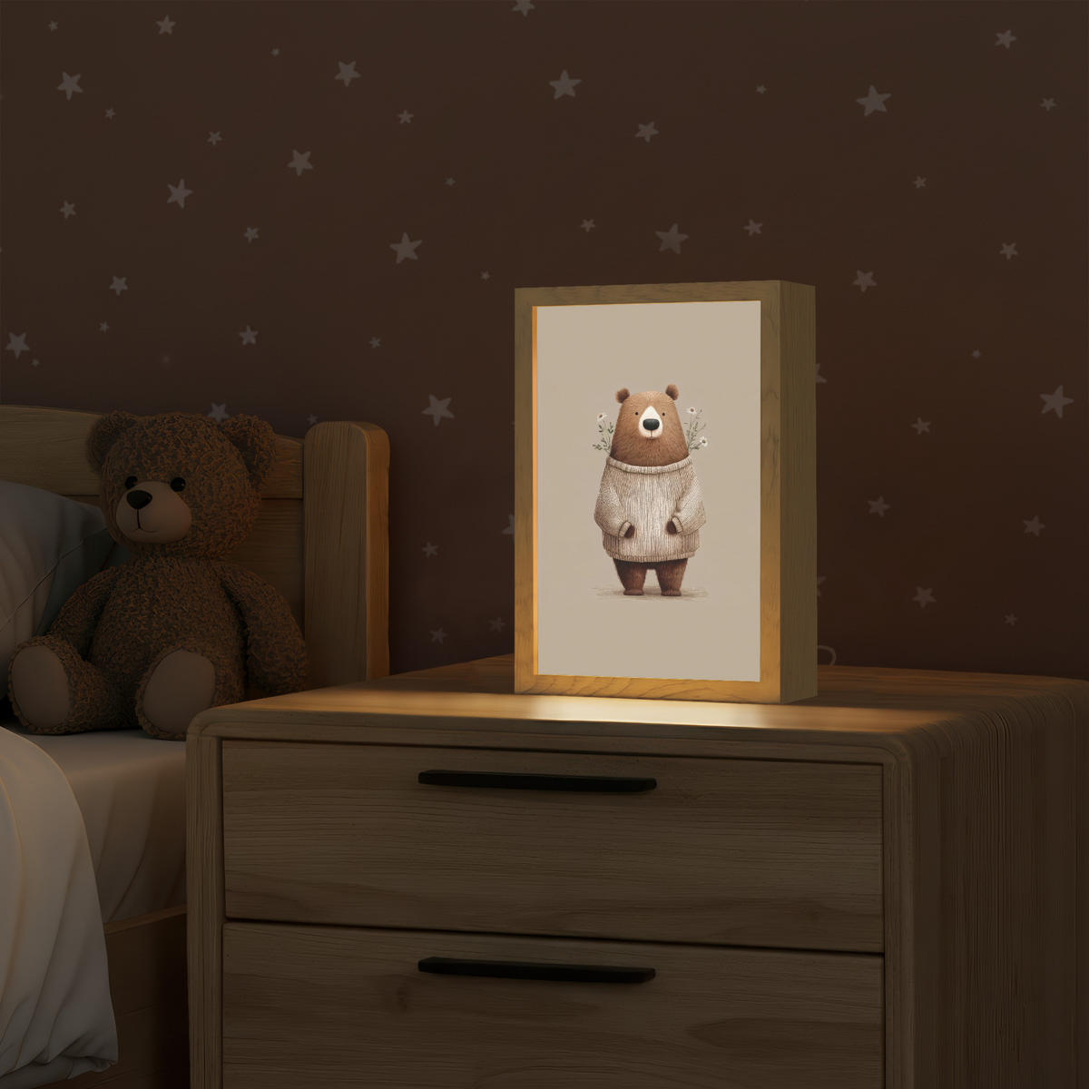 NÁSTĚNNÁ LAMPA Medvěd - Bílé květy - Cosy 20x30 cm - šedohnědá, kompozitní dřevo (20/30/8cm) - OnlyWow