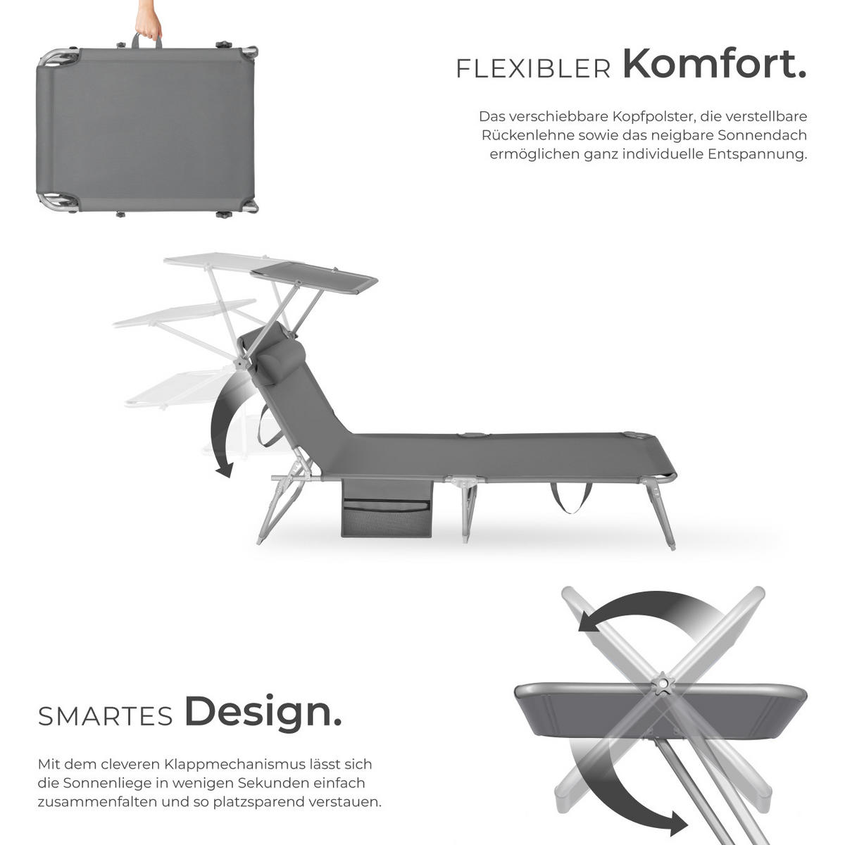 SONNENLIEGE 2er Set Chloé,190 x 68 x 28 cm, mit Seitentasche,grau - Grau, Kunststoff (68/111/161cm) - tectake