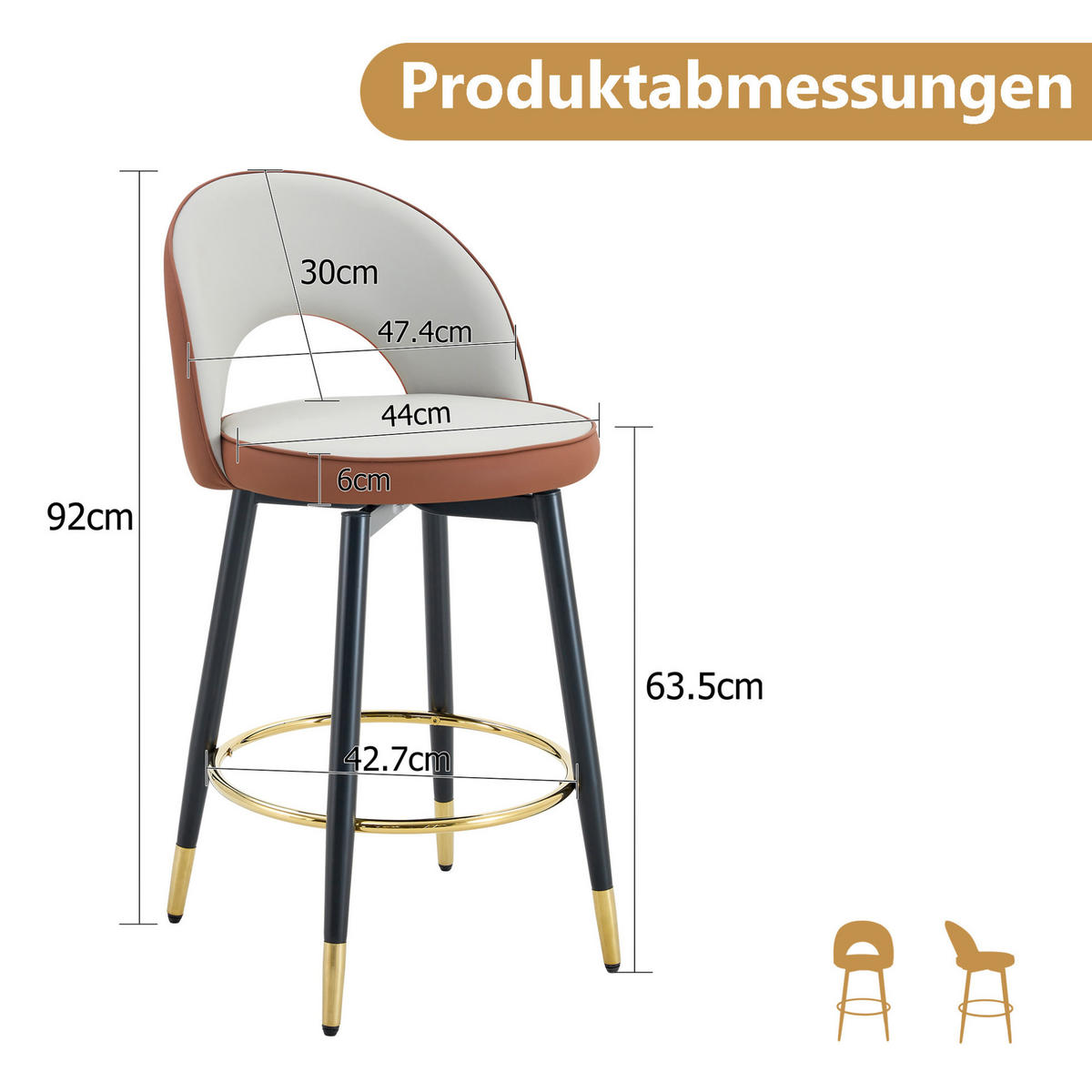 BARHOCKER 2er-Set drehbar PU-Leder Metall Braun/Schwarz Hellgrau - Braun, Metall (44/92/44cm) - Meubliv